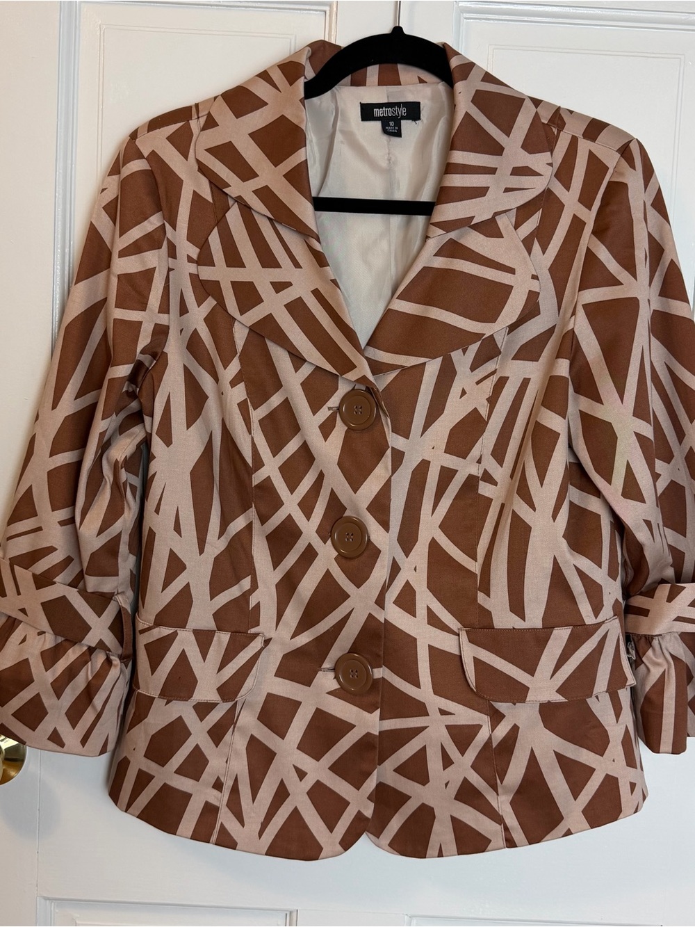 Metrostyle Women's Cotton Brown and Cream Geometric Print Blazer, Size 10